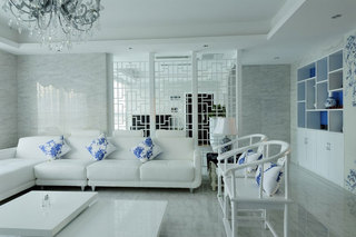 蓝白清凉中式青花瓷客厅窗棂隔断设计图