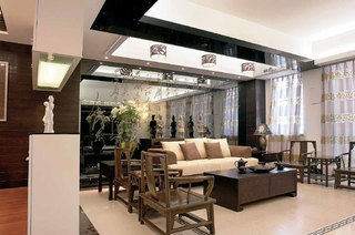 儒雅现代中式混搭客厅镜面沙发背景墙设计