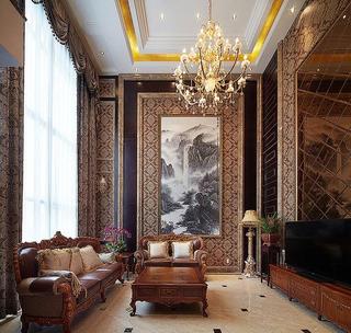 高贵欧式别墅客厅中式水墨画背景墙装潢设计