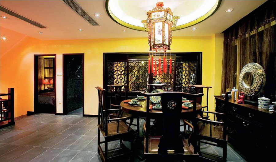 餐厅,背景墙,吊顶,其它,中式,白色,黄色,黑色