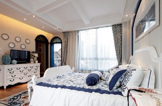 蓝白自然地中海风格卧室软装装饰效果图
