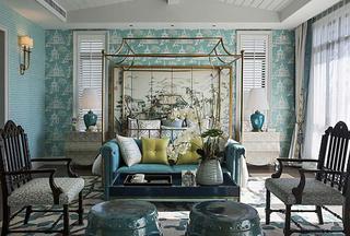 高贵典雅中式客厅绿色背景墙效果图