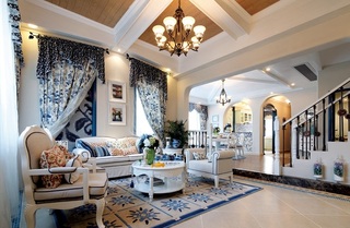 蓝白自然地中海风格别墅一楼室内设计装修案例图