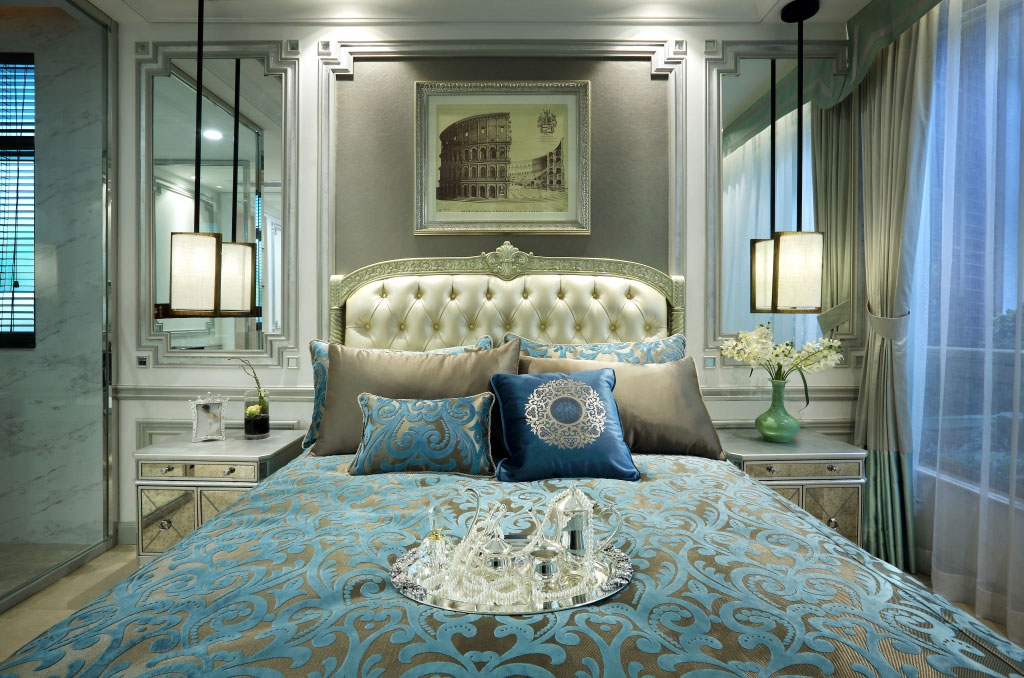 现代蓝色欧式卧室挂画装饰效果图