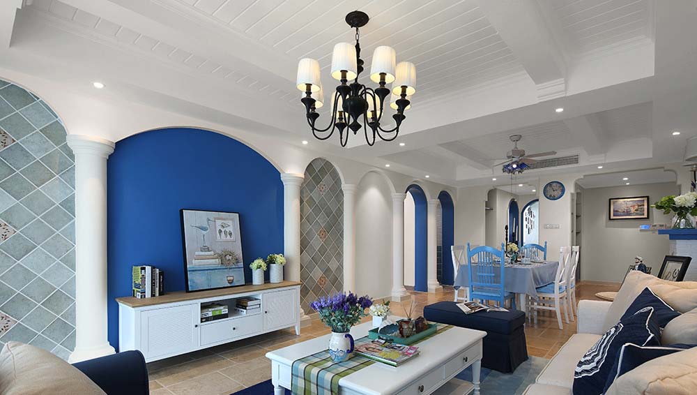 蓝色经典地中海风格三居室内装潢案例图
