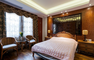 现代休闲中式风格卧室床头窗棂背景墙效果图