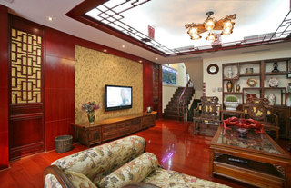 精致中式复式楼客厅红木电视背景墙图片