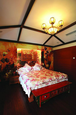 中式古典明清风格卧室床头背景墙装饰效果图