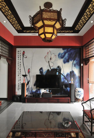 雅致中式客厅水墨荷花电视背景墙装饰