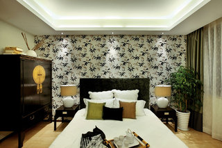 清新绿色新中式卧室壁纸装饰效果图