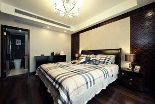 简约实木新中式设计卧室带洗手间装饰图