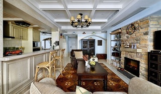 复古美式北欧风混搭客厅厨房设计