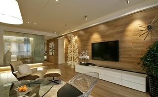 现代宜家风格客厅原木电视背景墙效果图