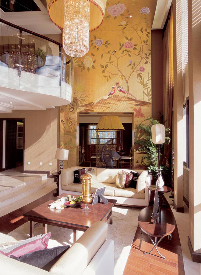儒雅新中式风格别墅挑高客厅设计装饰
