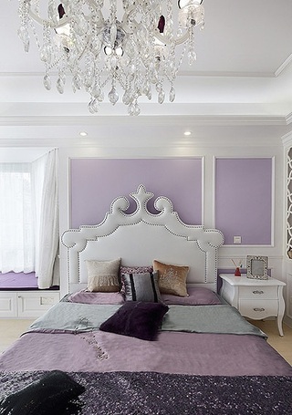 精美淡紫色简欧风格卧室背景墙欣赏