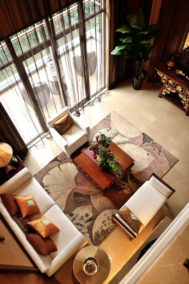 东南亚豪华风格别墅客厅俯视效果图