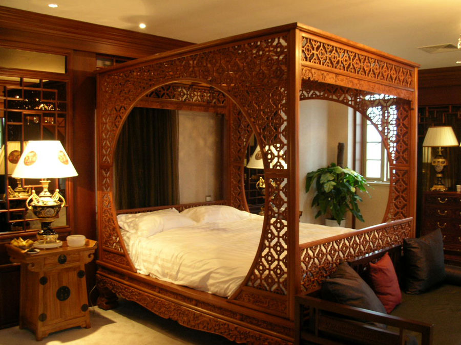 奢华精致复古中式卧室雕花床效果图