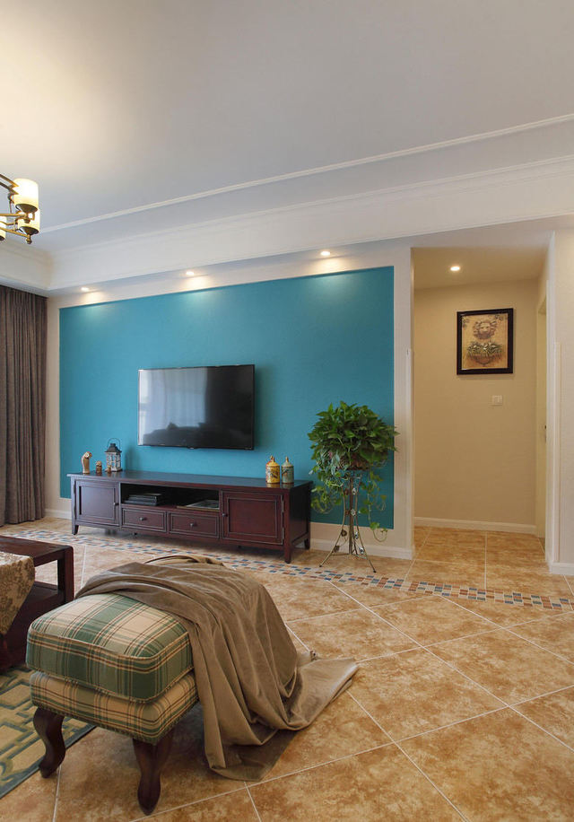 怀旧清新美式风格客厅蓝色电视背景墙效果图