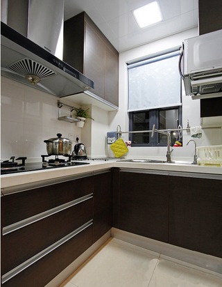 简约现代室内厨房L型咖啡色橱柜效果图