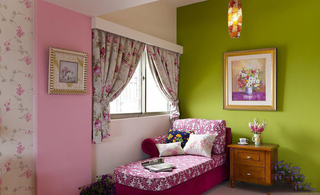 彩色田园风格卧室绿色背景墙设计