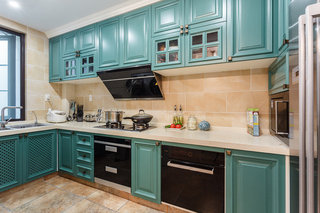 蓝绿色唯美美式风格厨房UV烤漆板橱柜门板装饰图