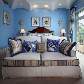 蓝色地中海风格别墅客厅双人沙发效果图