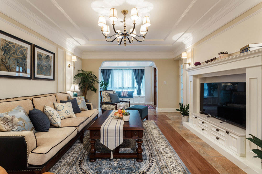 250平清新悠闲美式风格别墅客厅设计装修效果图