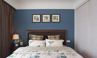 蓝色复古美式风格卧室白色移门衣柜装饰