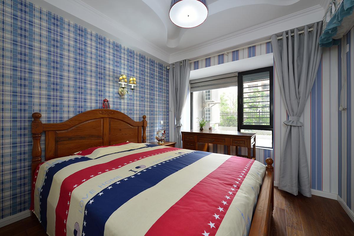 卧室,背景墙,吊顶,窗户,窗帘,其它,美式,白色,蓝色