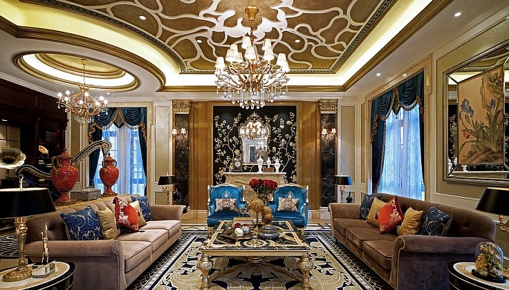 金色精致奢华新古典欧式复式楼装潢设计