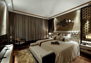 清新典雅新中式风格卧室床头背景墙设计装修图