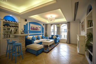 清爽蓝色地中海复式客厅整体装修案例图