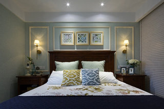 淡蓝色唯美美式风格卧室床头背景墙装饰欣赏图