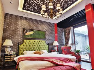 新古典东南亚风格卧室文化砖背景墙设计效果图