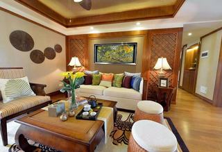 禅意东南亚设计风格别墅客厅沙发抱枕装饰图