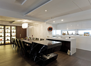 黑白现代极简风格开放式厨房餐厅一体效果图