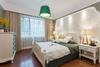 绿色小清新美式风格儿童房床头背景墙设计图