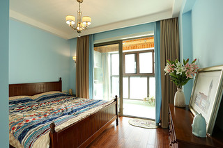 水蓝色美式设计风格带阳台卧室效果图