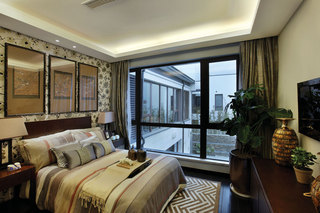 中式新古典卧室小碎花背景墙混搭装潢欣赏