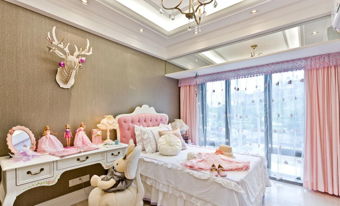 儿童房,背景墙,窗帘,简欧,粉色