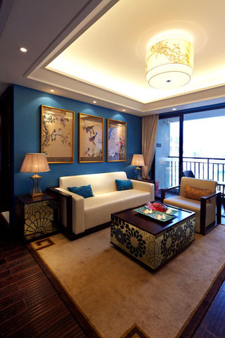 古典蓝新中式客厅背景墙效果图