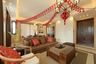简约中式禅风客厅咖啡色沙发效果图