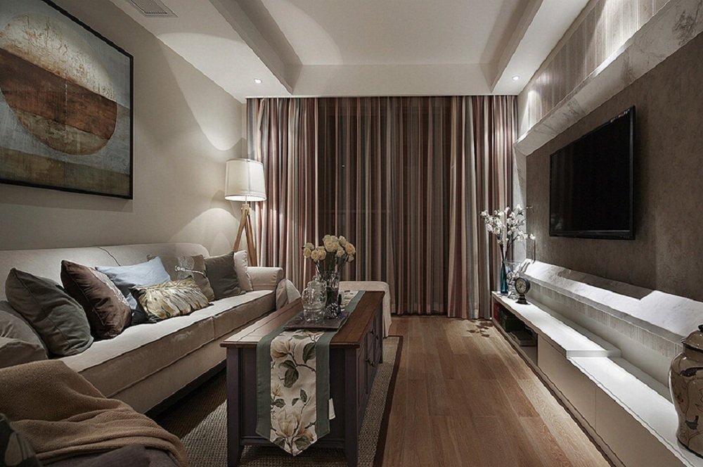 素雅简洁美式设计风格三居客厅电视背景墙装修案例图