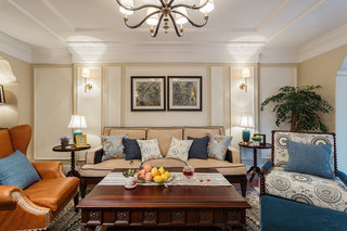 7万元打造混搭美式风格三居客厅沙发背景墙案例图