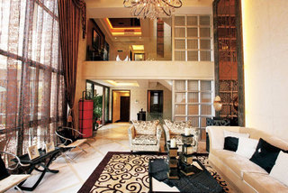 豪华摩登新中式风格别墅挑高客厅设计装修效果图