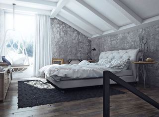 灰白雅致简约风格复式斜顶卧室设计装修效果图