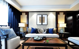 时尚沉稳现代新中式客厅沙发背景墙效果图