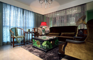 翠绿清新中式客厅荷花茶几柜装饰效果图