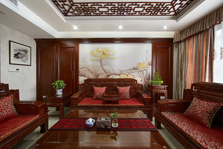 中式新古典三居客厅实木沙发背景墙装潢效果图