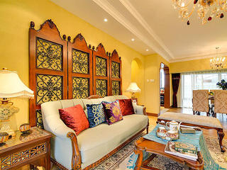 色彩鲜艳异域风混搭美式三居客厅沙发屏风案例图